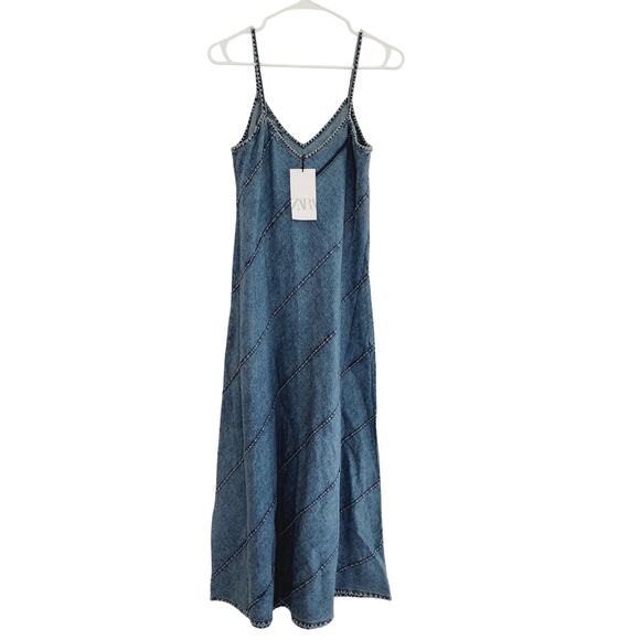 ZARA Denim A-Line Midi / Maxi Dress Spaghetti Straps 100% Cotton Size XS - Picture 3 of 6